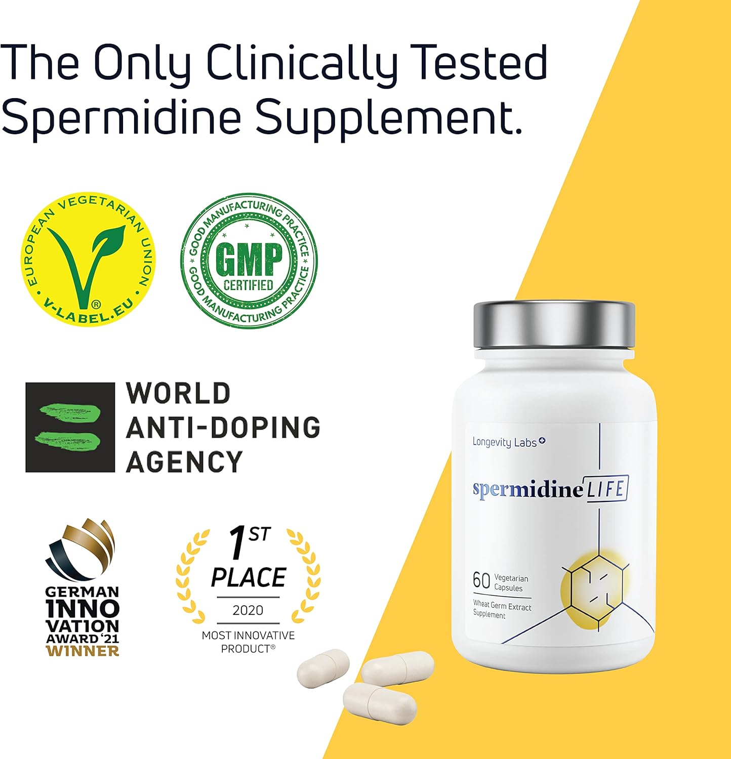 spermidineLIFE 800mg Natural Supplement with High Spermidine Content and Zinc, Plant-Based for Cell Renewal, Vegan, 60 Vegetarian Capsules - Pack of 2