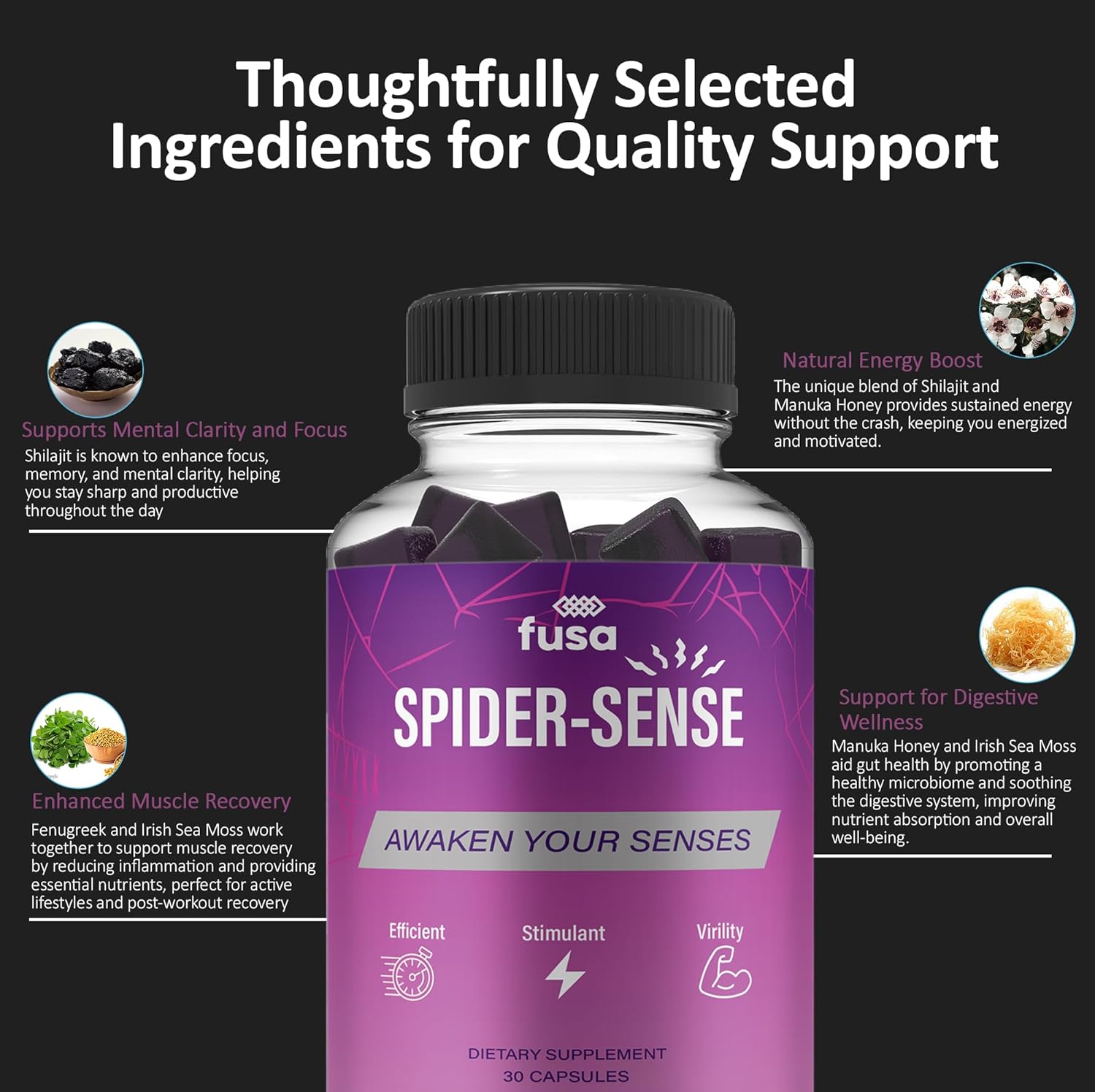 SpiderSense Max Strength Energy & Vitality Gummies - 2 Pack with Shilajit, Irish Sea Moss & Fenugreek - 60 Day Supply