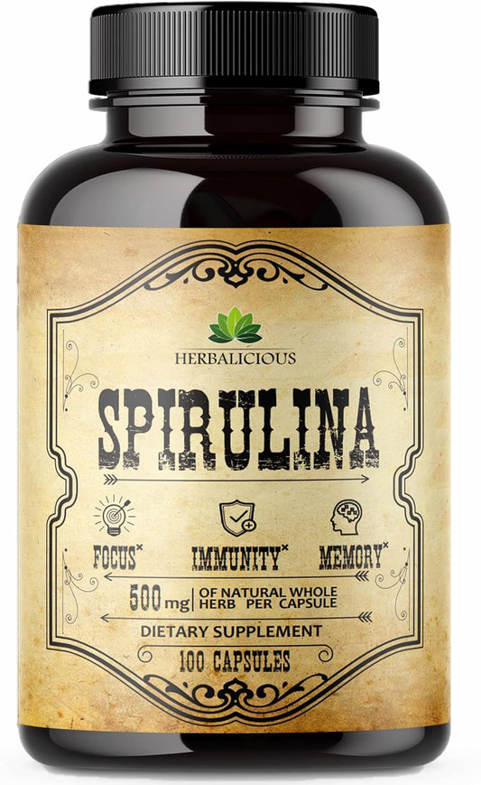 Spirulina Capsules: Natural Superfood Supplement with B Vitamins, Iron, Amino Acids & Antioxidants - Immune Support & Body Cleanse - 100pcs