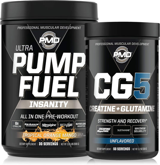 Sports Performance Bundle: PMD Sports Ultra Pump Fuel Insanity Pre Workout + CG5 Premium Creatine and L-Glutamine Powder