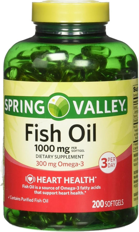 Spring Valley All Natural Fish Oil Softgels 1000mg for Heart Health with 300mg Omega-3 - 200 Count