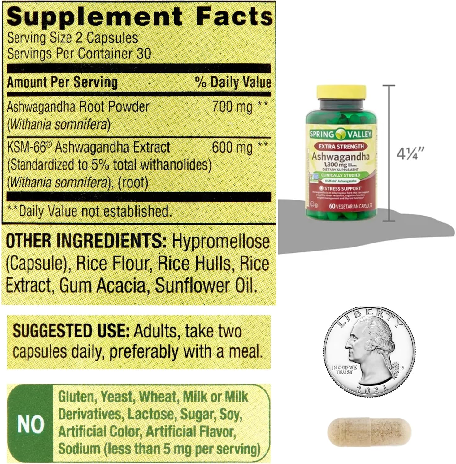 Spring Valley Ashwagandha 1300mg Capsules - Extra Strength Dietary Supplement by Venancio's Shop (60 Pills)