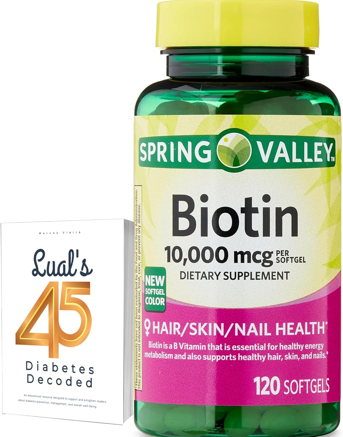 Spring Valley Biotin SoftGels Bundle - 10,000mcg for Hair, Skin, and Nails - Biotin Health Supplement with Lual's Diabetes Decoded