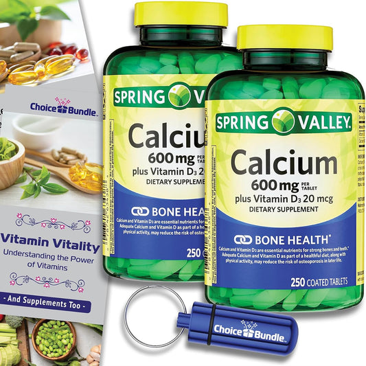 Spring Valley Calcium and Vitamin D Bundle with 500 Tablets, Vitamin Vitality Guide, and Pill Container - 2 Pack of 250 Ct Bottles