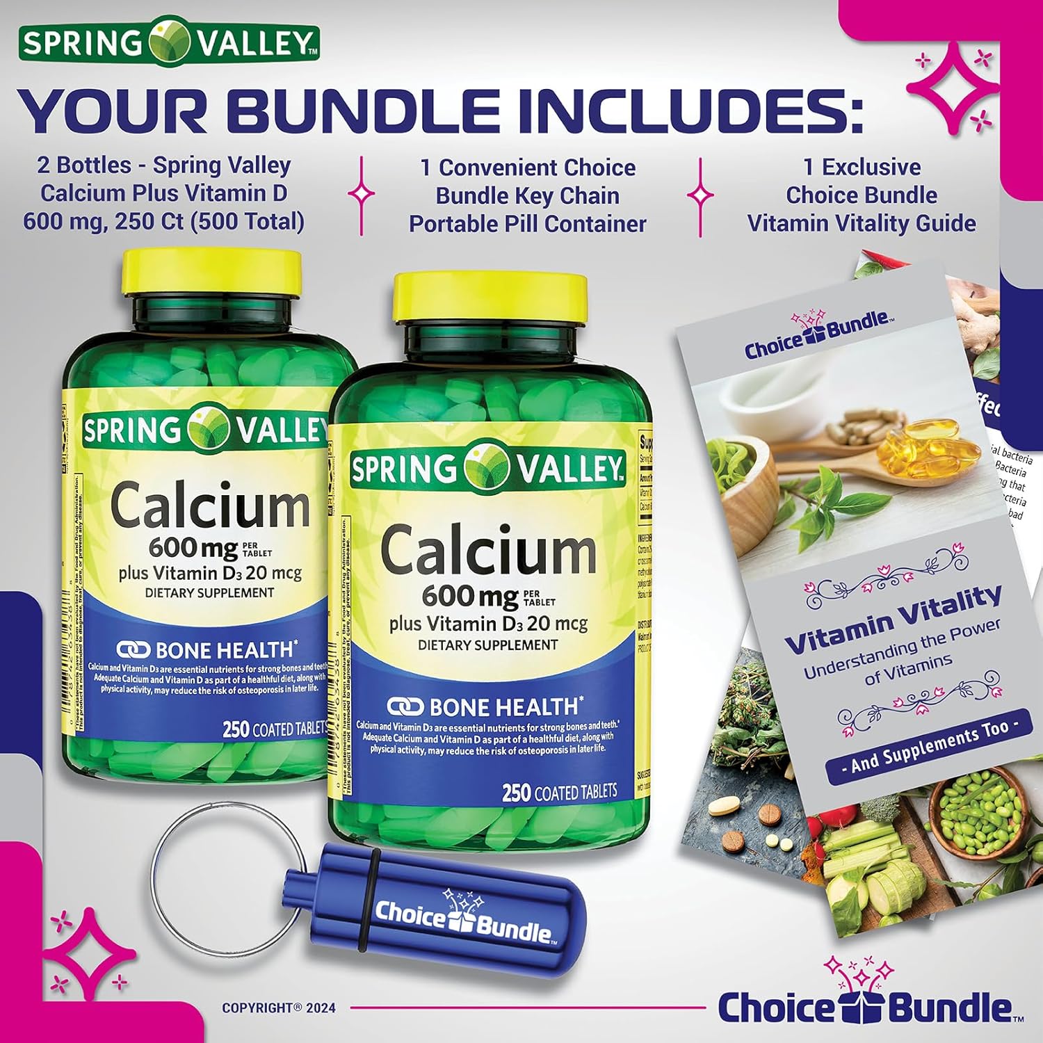 Spring Valley Calcium and Vitamin D Bundle with 500 Tablets, Vitamin Vitality Guide, and Pill Container - 2 Pack of 250 Ct Bottles