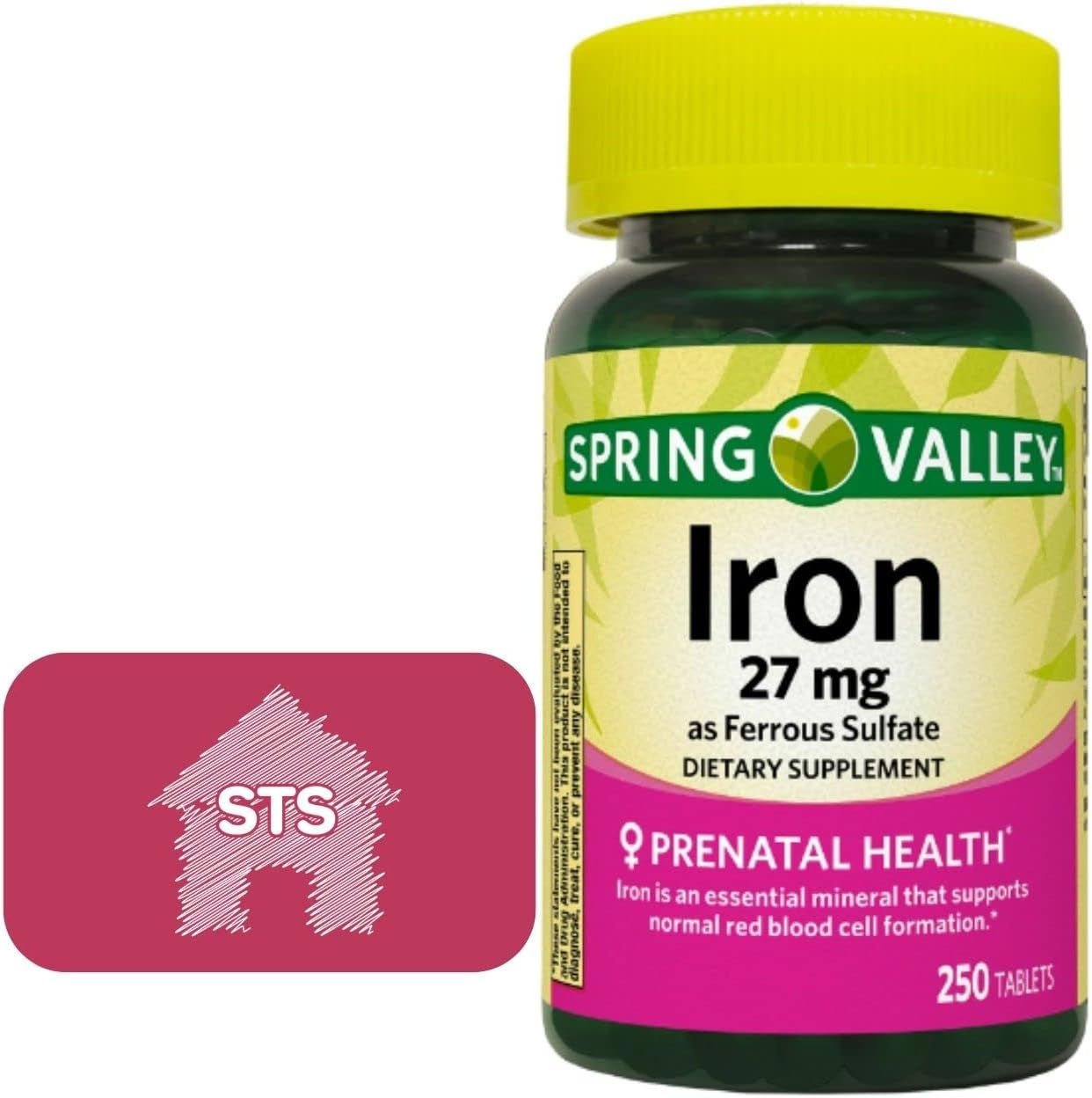 Spring Valley Ferrous Sulfate Iron Supplements - 27 mg, 250 Tablets with Free STS Home Sticker