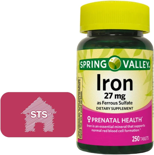 Spring Valley Ferrous Sulfate Iron Supplements - 27 mg, 250 Tablets with Free STS Home Sticker