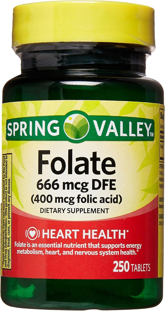Spring Valley Folic Acid Supplement - 400 mcg, 250 Tablets for Healthy Pregnancy and Heart Health