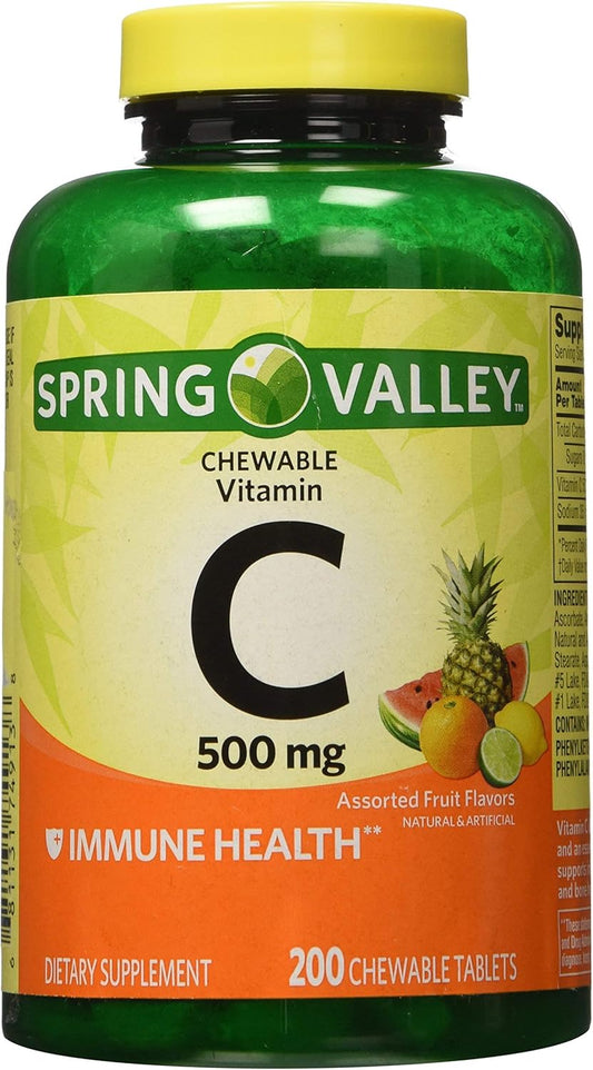 Spring Valley Health Hut - 200 Chewable Tablets of 500mg Vitamin C, Multiple Fruit Flavors (2 Pack) with Mini Travel Pill Container