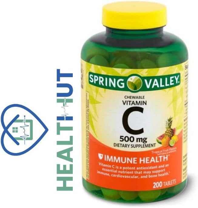 Spring Valley Health Hut - 200 Chewable Tablets of 500mg Vitamin C, Multiple Fruit Flavors (2 Pack) with Mini Travel Pill Container