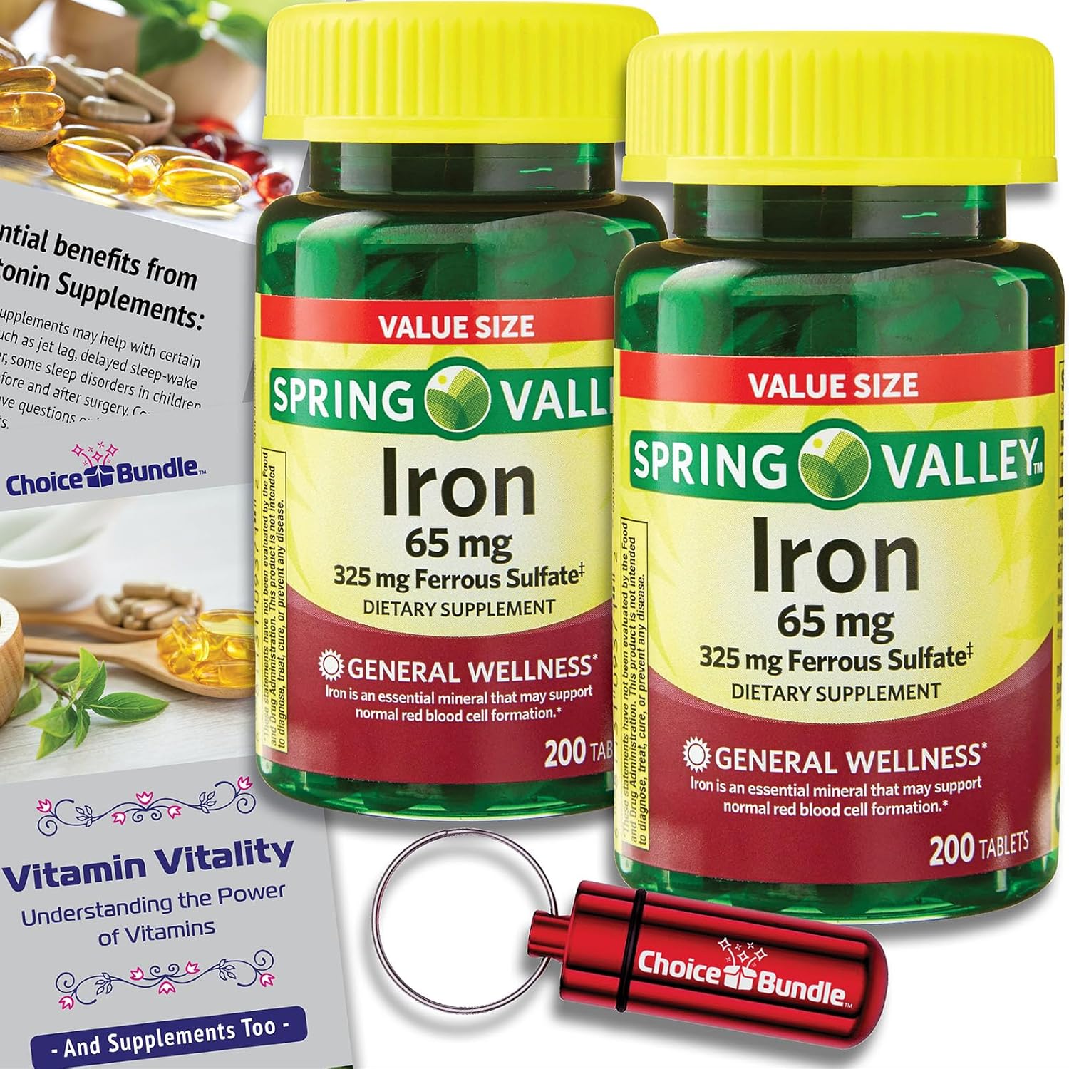 Spring Valley Iron Tablets Dietary Supplement Value Size 65 mg 200 CT 2 Pk Bundle with Vitamin Vitality Guide and Pill Container - 400 Total