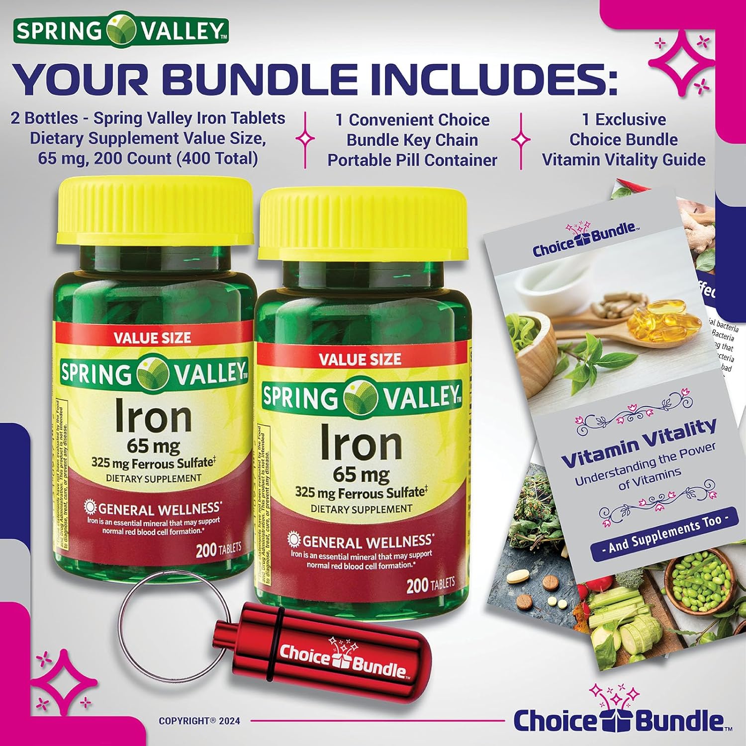 Spring Valley Iron Tablets Dietary Supplement Value Size 65 mg 200 CT 2 Pk Bundle with Vitamin Vitality Guide and Pill Container - 400 Total