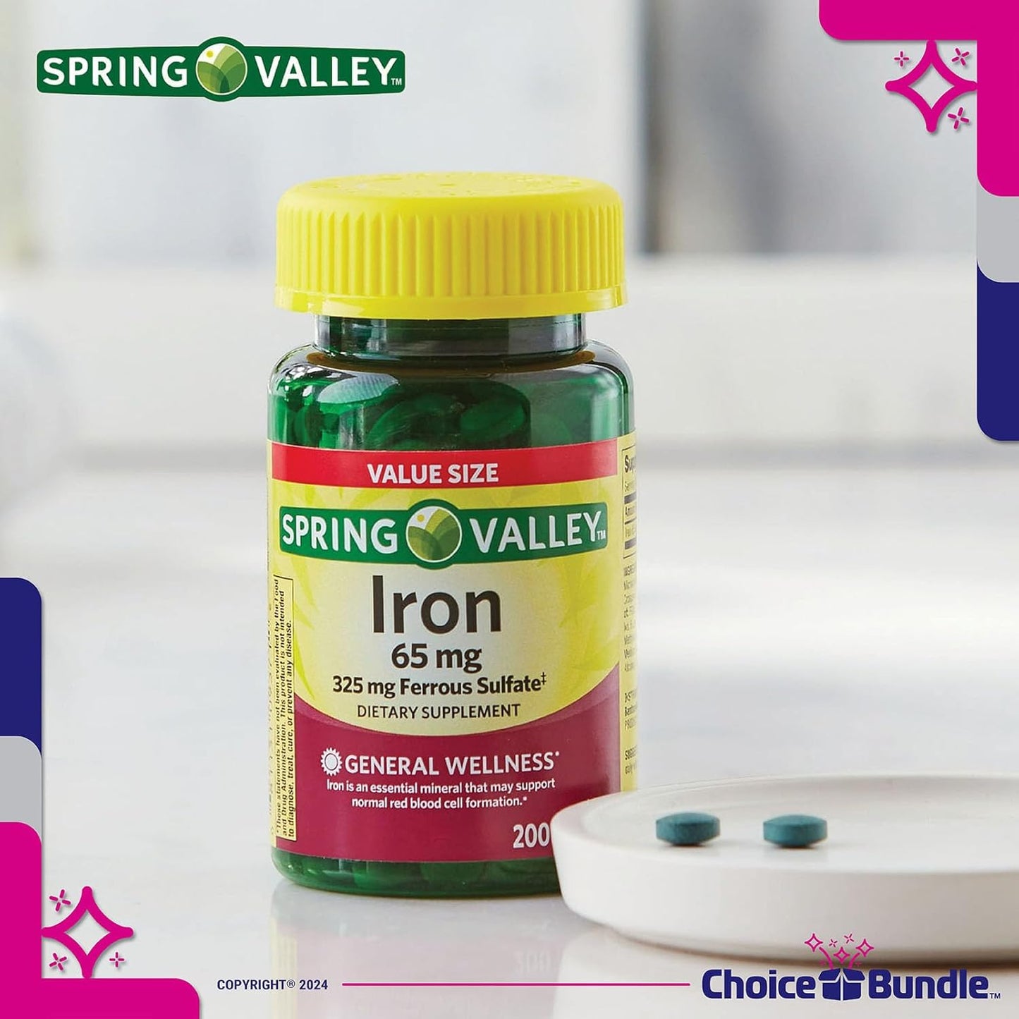 Spring Valley Iron Tablets Dietary Supplement Value Size 65 mg 200 CT 2 Pk Bundle with Vitamin Vitality Guide and Pill Container - 400 Total