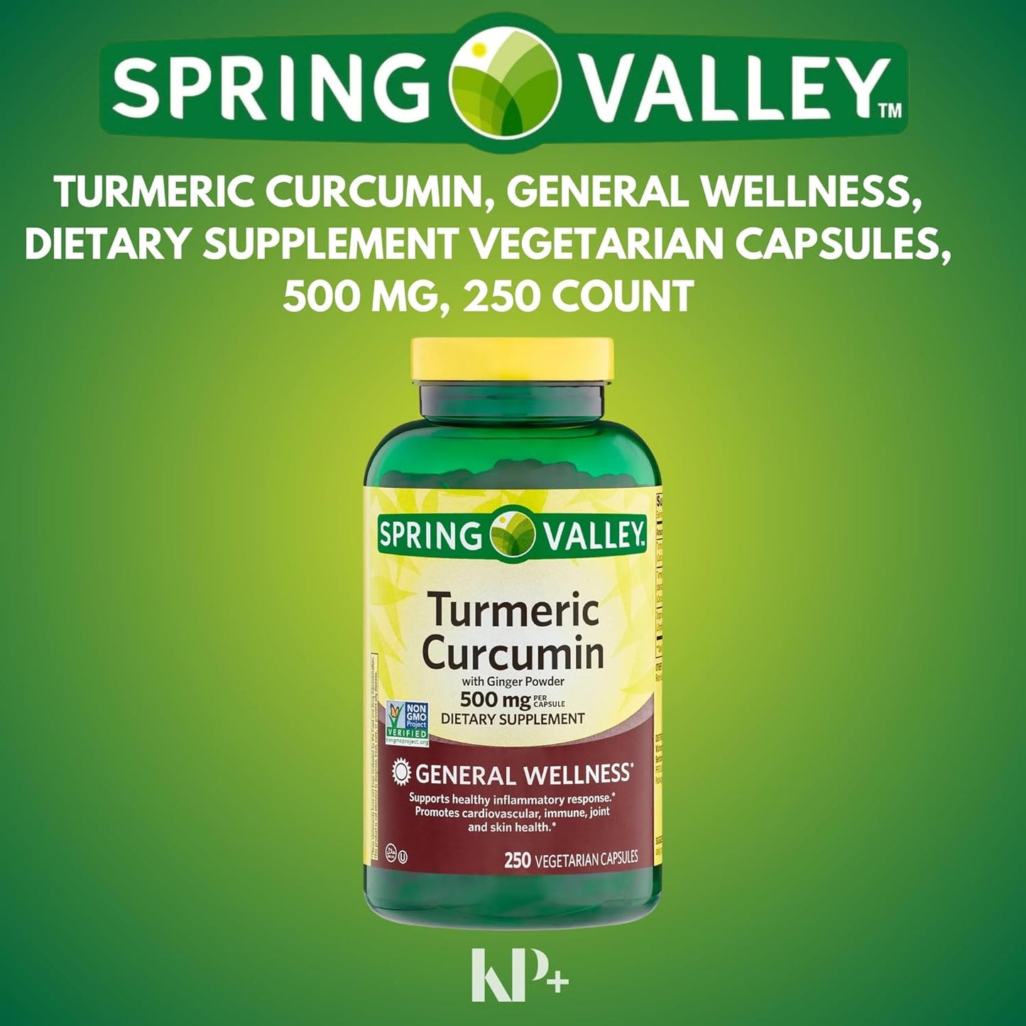 Spring Valley KP+ Turmeric Curcumin Capsules with Ginger Powder - 500mg, 250 Count - Vegetarian Dietary Supplement for General Wellness