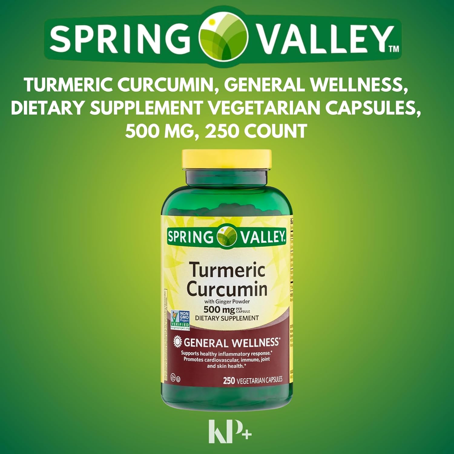 Spring Valley KP+ Turmeric Curcumin Capsules with Ginger Powder - 500mg, 250 Count - Vegetarian Dietary Supplement for General Wellness