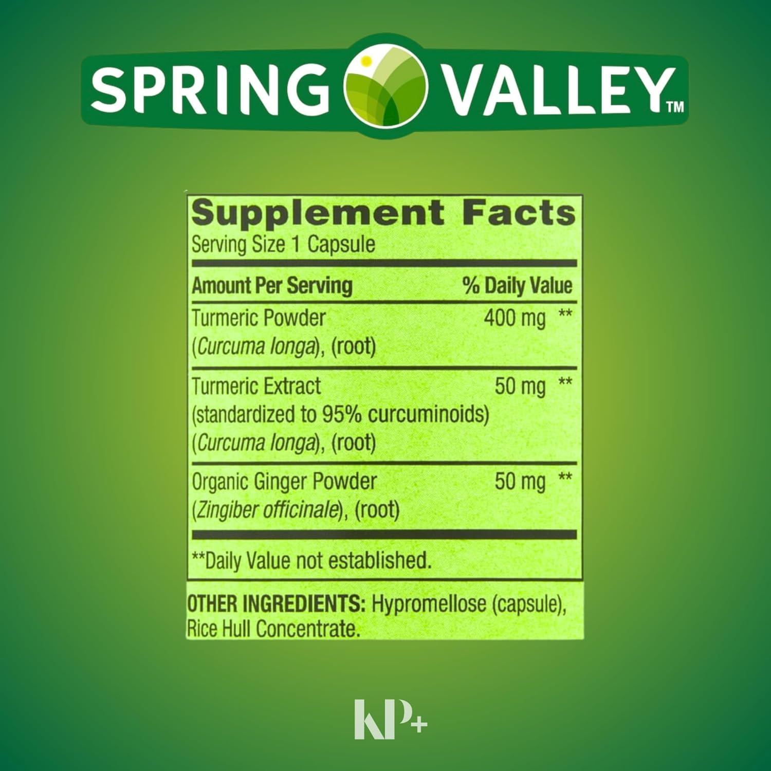 Spring Valley KP+ Turmeric Curcumin Capsules with Ginger Powder - 500mg, 250 Count - Vegetarian Dietary Supplement for General Wellness