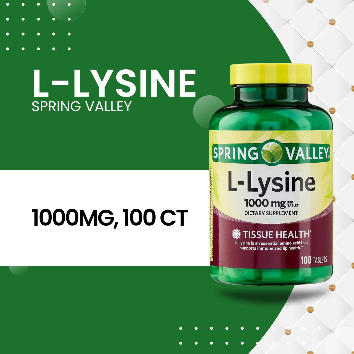 Spring Valley L-Lysine 1000mg Tablets - Immune Support Supplement with Amino Acid Llysine - 100 Count