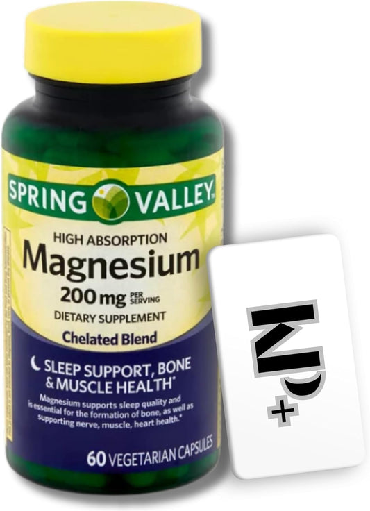 Spring Valley Magnesium Dietary Supplement Capsules 200mg 60 Count + KPplus Sticker for Bone and Muscle Health