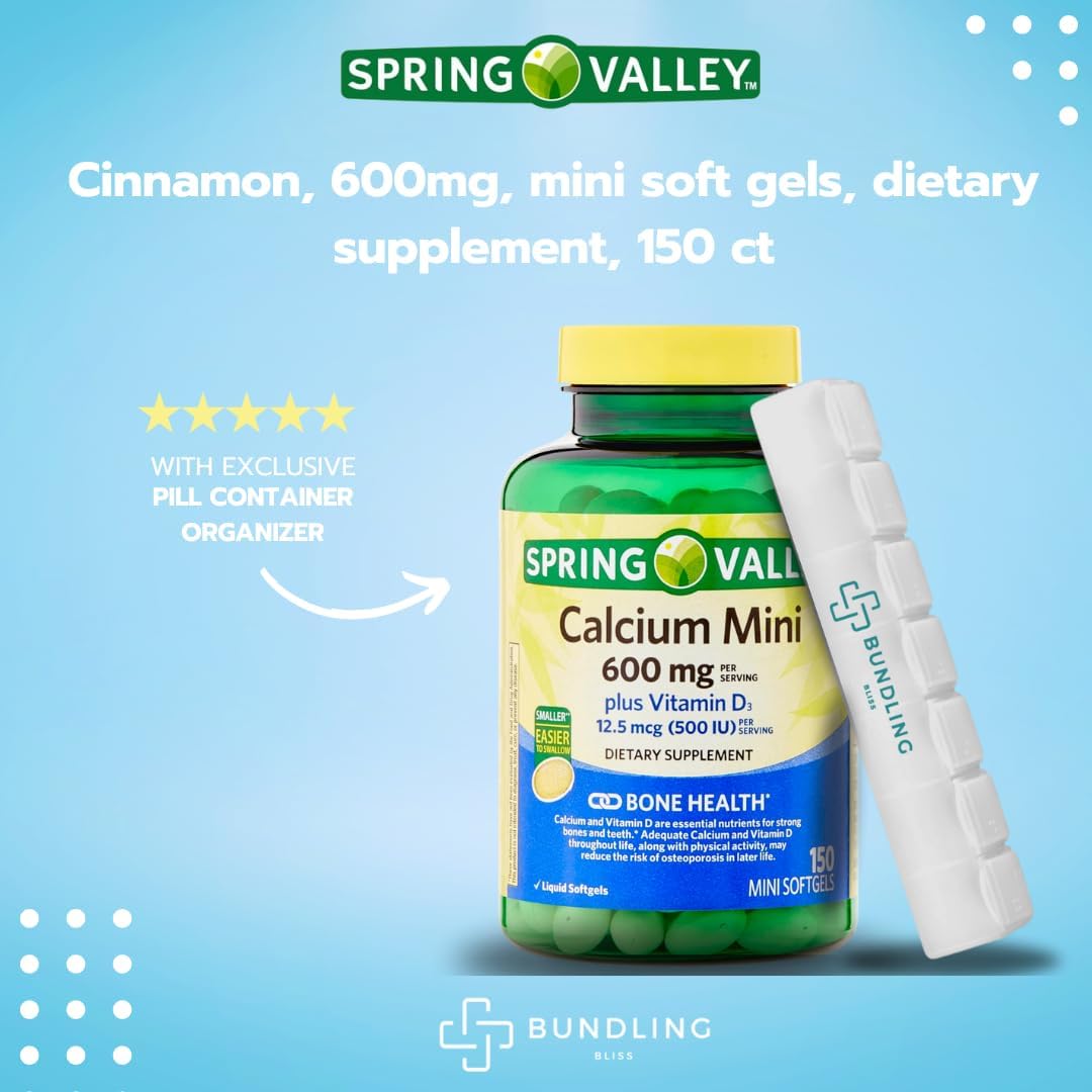 Spring Valley Mini Calcium Pills with Vitamin D3 + 7 Day Pill Organizer - 150 Mini Softgels Dietary Supplement