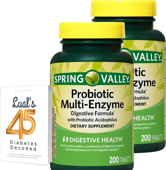 Spring Valley Multi-Enzyme Probiotic Bundle - 2 Pack of 200 Tablets for Men and Women, Digestive Health Support with Lual's 45 Diabetes Decoded