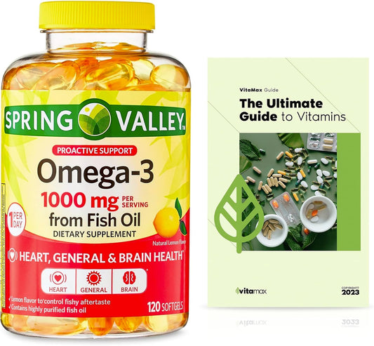 Spring Valley Omega-3 Fish Oil 1000mg, 120 Count with VitaMax Vitamin Guide