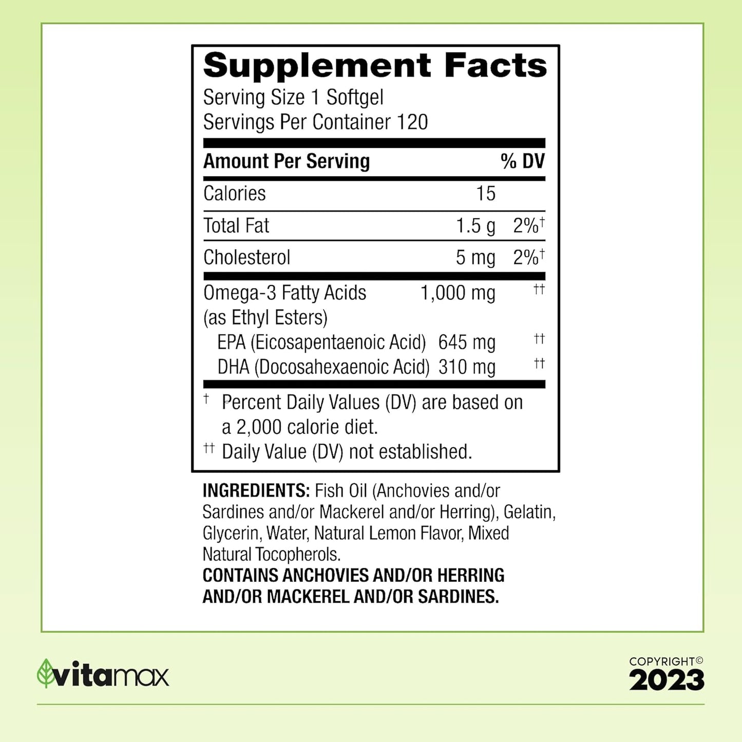 Spring Valley Omega-3 Fish Oil 1000mg, 120 Count with VitaMax Vitamin Guide