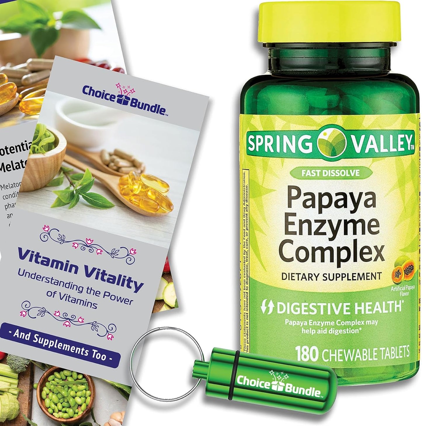 Spring Valley Papaya Enzyme Complex Chewable Tablets Dietary Supplement 180 Ct Bundle with Vitamin Guide and Pill Container - 3 Items in Total!