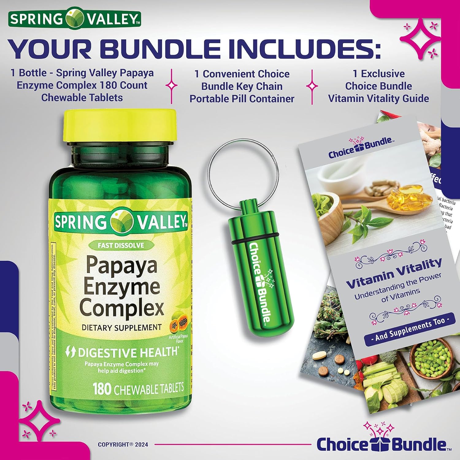 Spring Valley Papaya Enzyme Complex Chewable Tablets Dietary Supplement 180 Ct Bundle with Vitamin Guide and Pill Container - 3 Items in Total!