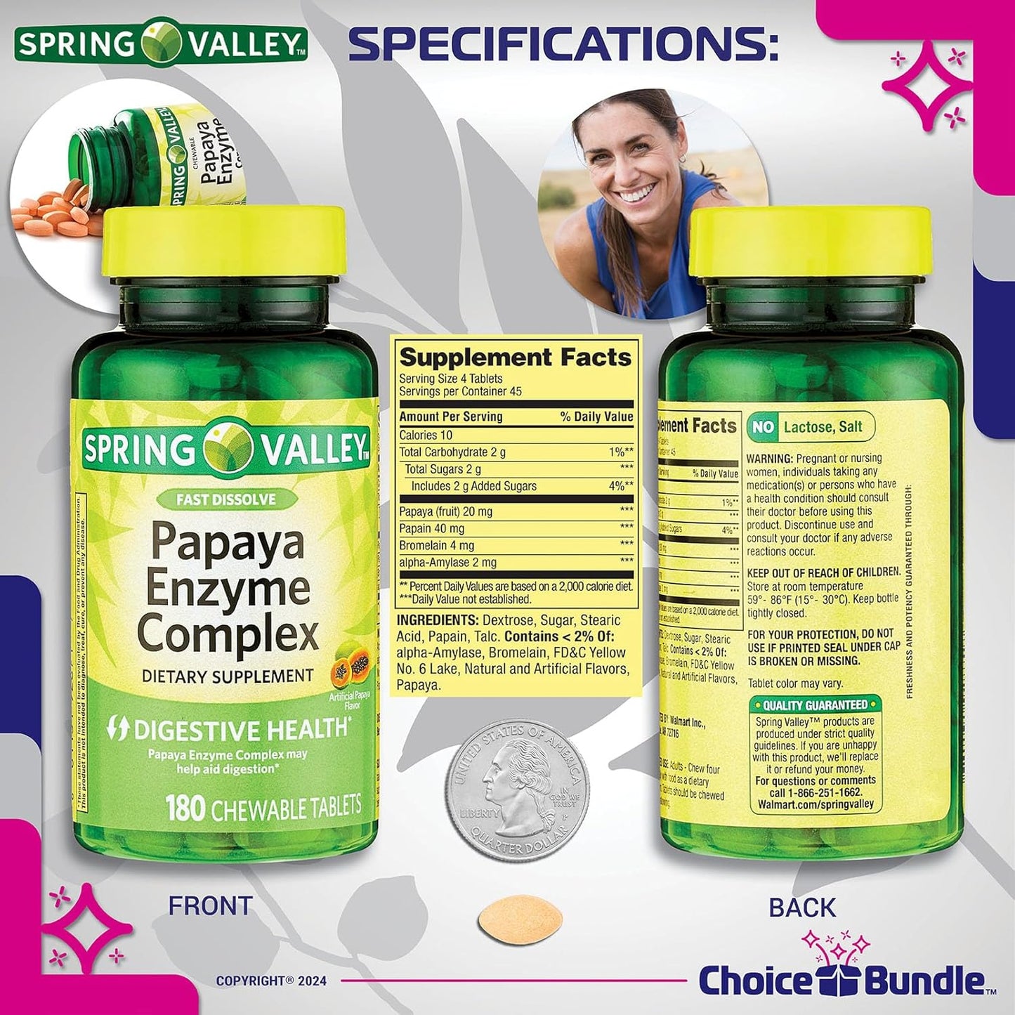 Spring Valley Papaya Enzyme Complex Chewable Tablets Dietary Supplement 180 Ct Bundle with Vitamin Guide and Pill Container - 3 Items in Total!