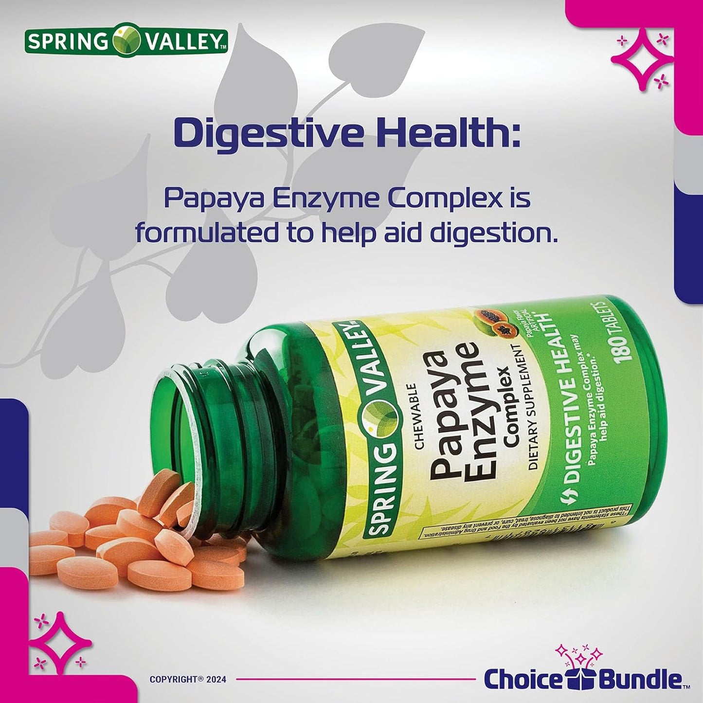 Spring Valley Papaya Enzyme Complex Chewable Tablets Dietary Supplement 180 Ct Bundle with Vitamin Guide and Pill Container - 3 Items in Total!