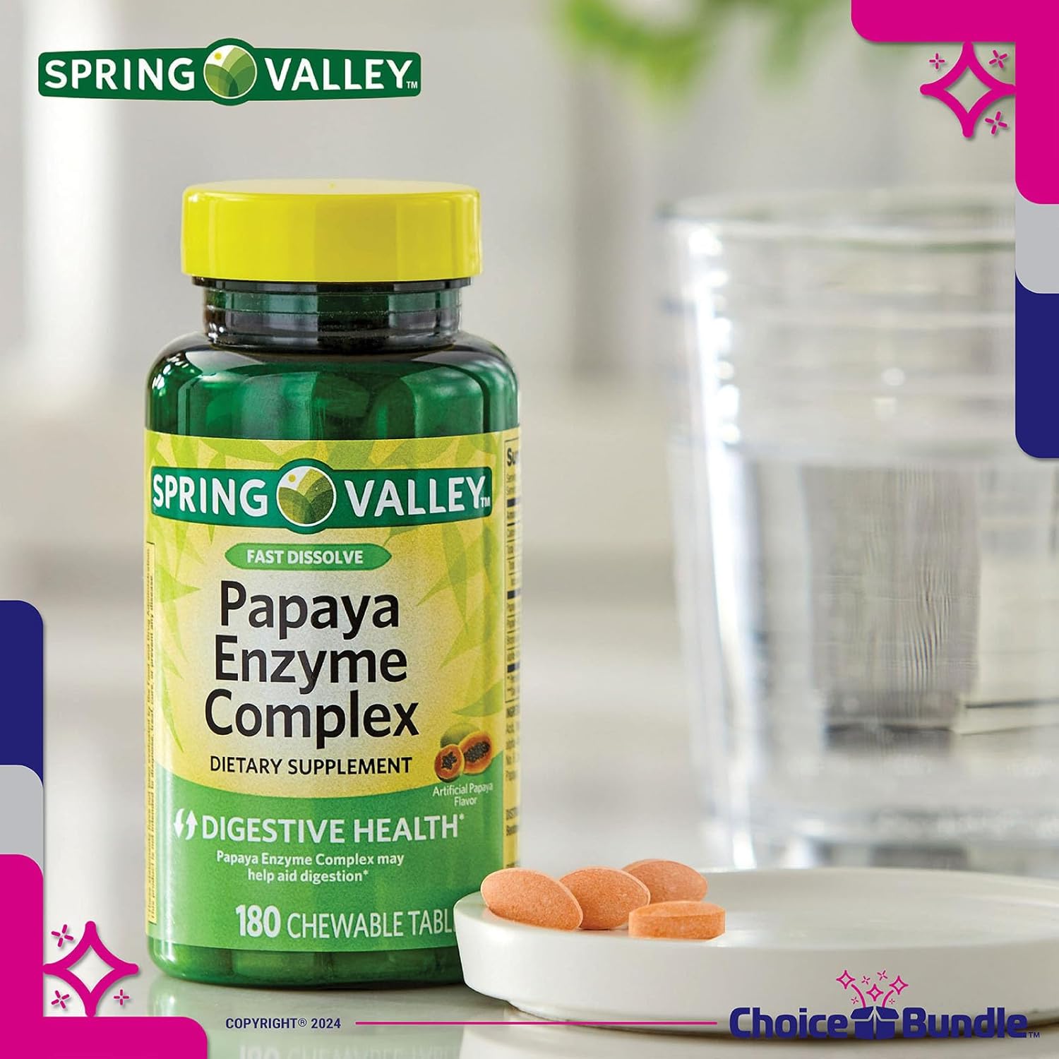 Spring Valley Papaya Enzyme Complex Chewable Tablets Dietary Supplement 180 Ct Bundle with Vitamin Guide and Pill Container - 3 Items in Total!