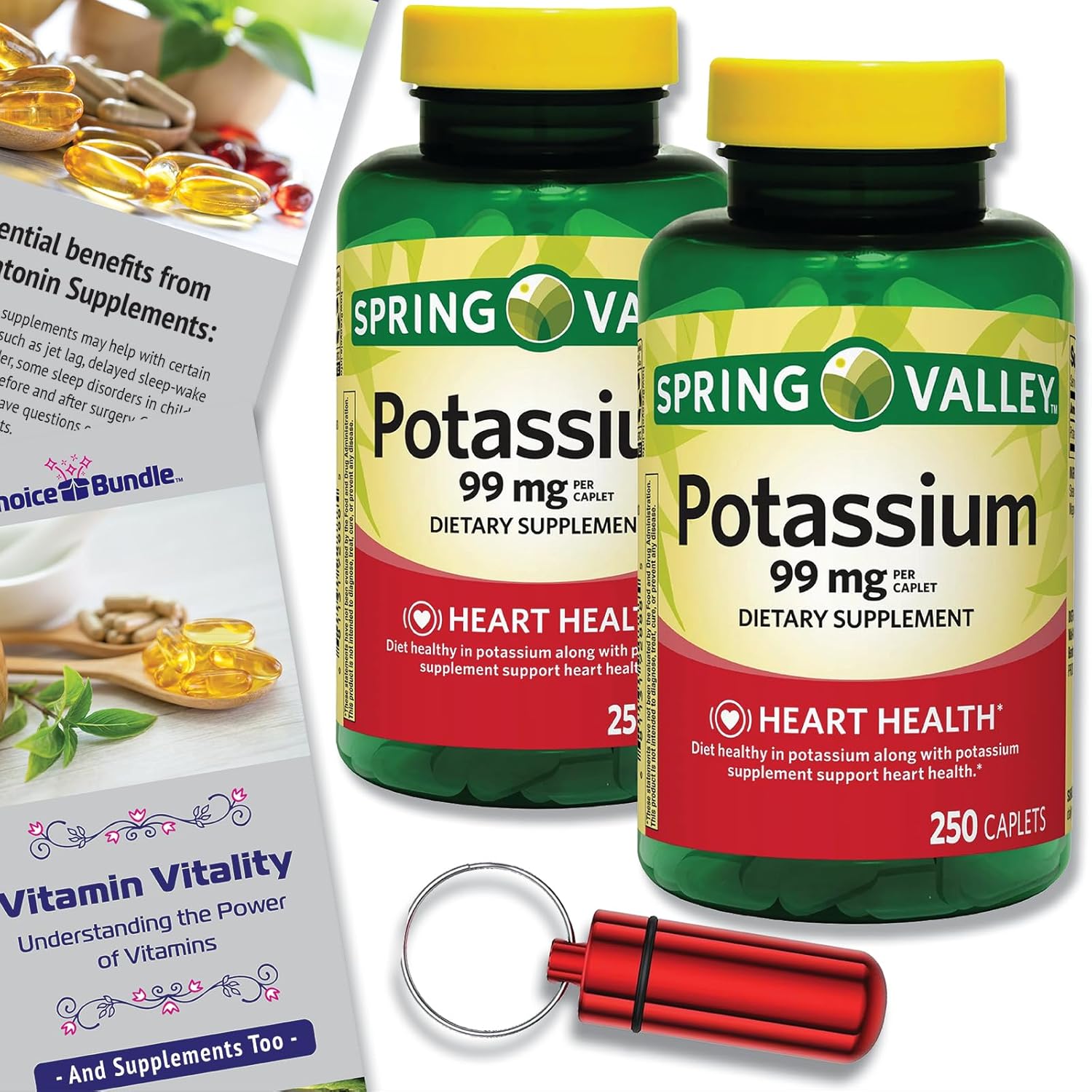 Spring Valley Potassium Dietary Supplement Caplets 99 mg for Heart Health - 500 Count Bundle with Bonus Vitamin Guide & Pill Container