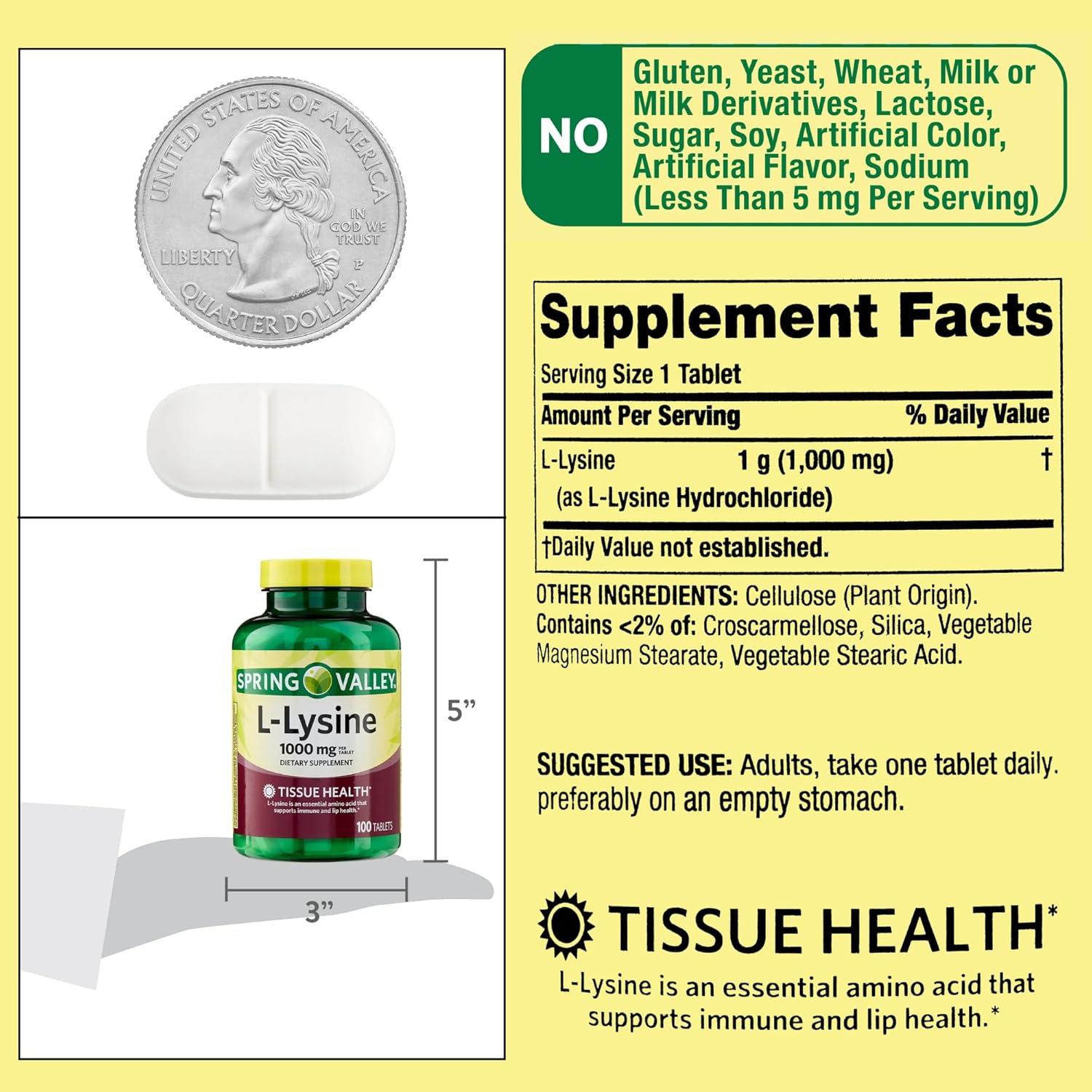 Spring Valley Super Lysine Immune Support & Healthy Skin Tablets - 1000mg, 100 Count