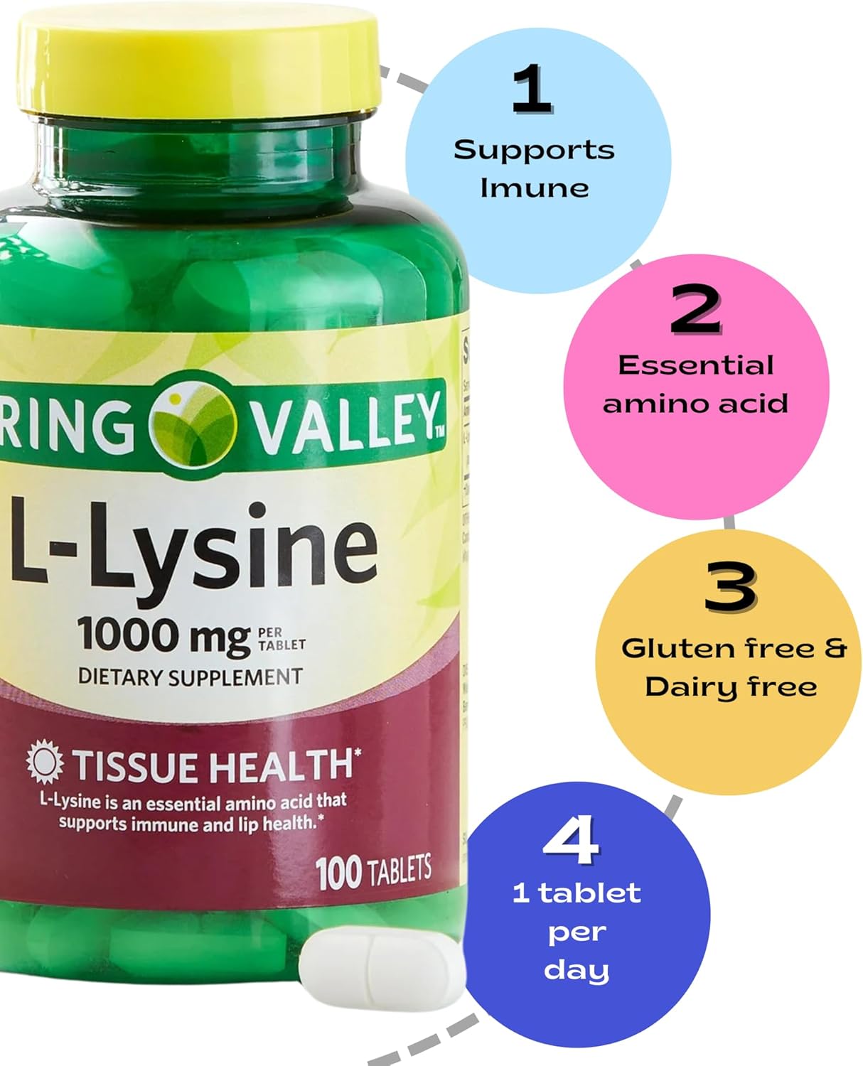Spring Valley Super Lysine Immune Support & Healthy Skin Tablets - 1000mg, 100 Count