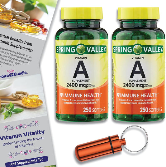 Spring Valley Vitamin A Softgels 2400 mcg 2-Pack Bundle with 500 Total Softgels, Vitamin Vitality Guide, and Pill Container - 4 Items Set