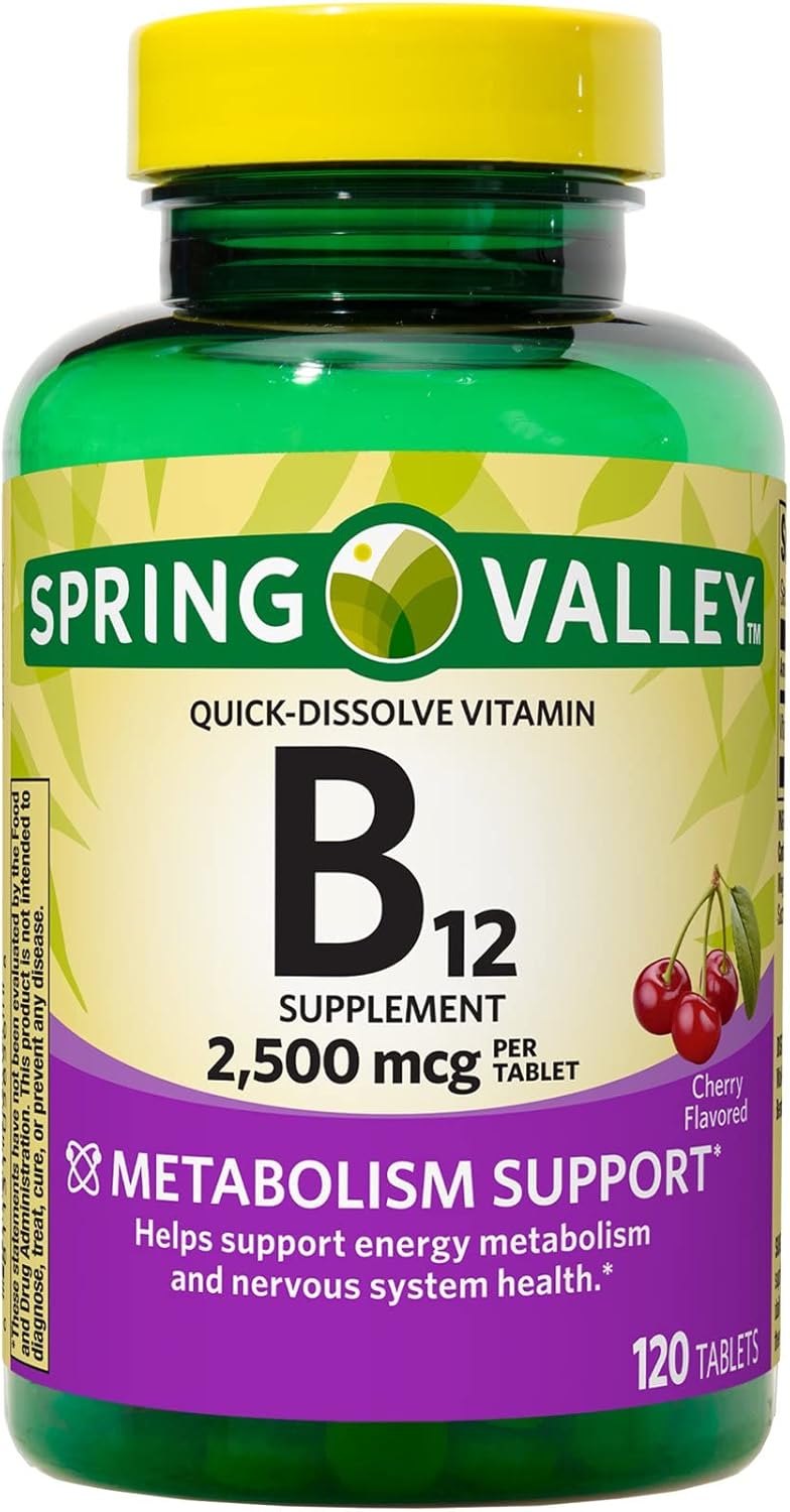 Spring Valley Vitamin B12 Quick-Dissolve Tablets - 2500 mcg B12 Complex Supplement Bundle with Lual's 45 Diabetes Decoded - 120 Tablets for Men and Women