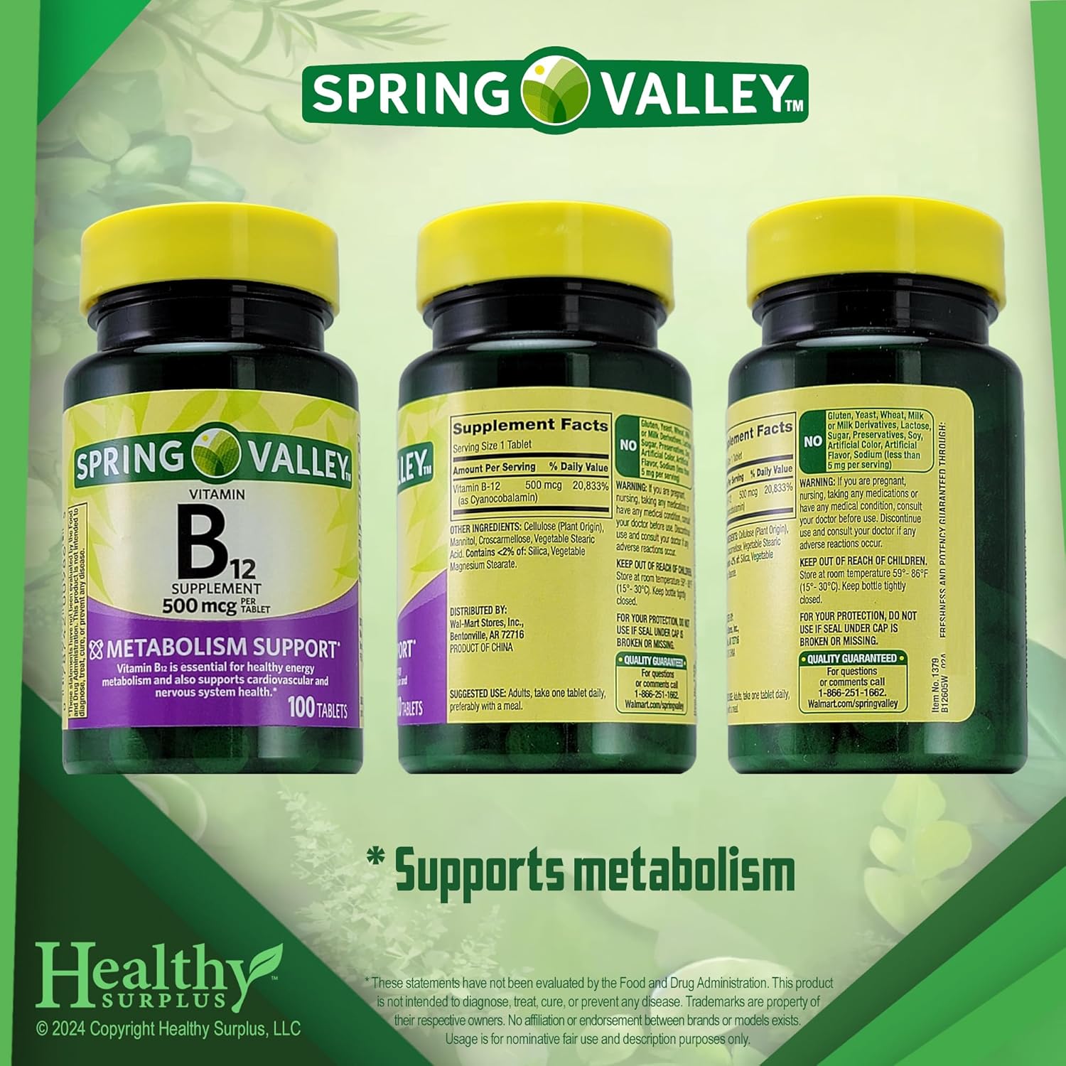 Spring Valley Vitamin B12 Supplement 500 mcg - Promotes Health and Wellness with 100 Tablets for Energy Support