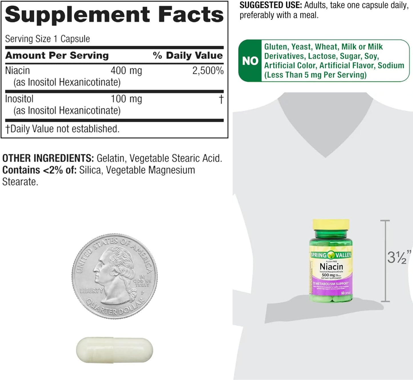 Spring Valley Vitamin B3 Niacin 500mg Flush Free Capsules - 60 Pills, Dietary Supplement