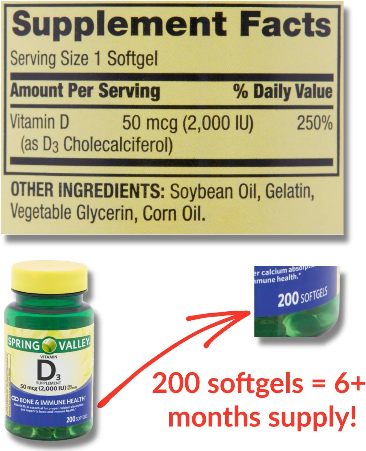 Spring Valley Vitamin D3 2000iu Softgels - 200 Count for Bone & Immune Health - 6 Month Supply + Supplement Guide