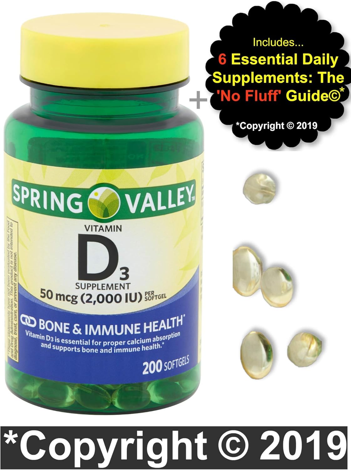 Spring Valley Vitamin D3 2000iu Softgels - 200 Count for Bone & Immune Health - 6 Month Supply + Supplement Guide
