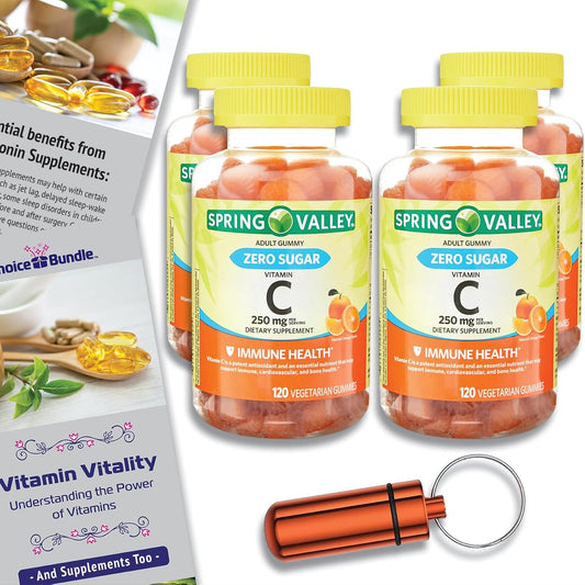Spring Valley Zero Sugar Vitamin C Gummies Bundle with Vitamin Vitality Guide and Pill Container - 480 Total Gummies