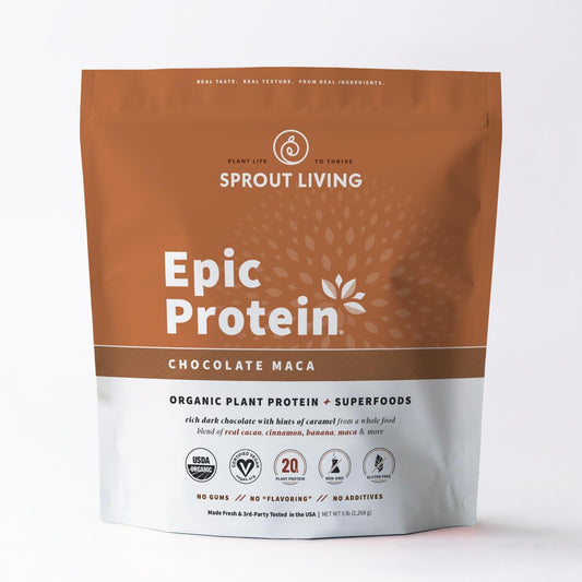 Sprout Living Epic Protein Chocolate Maca Powder - 20g Organic Plant Based Protein & Superfoods Powder, Vegan, Non-GMO, Gluten Free - 5lb, 60 Servings