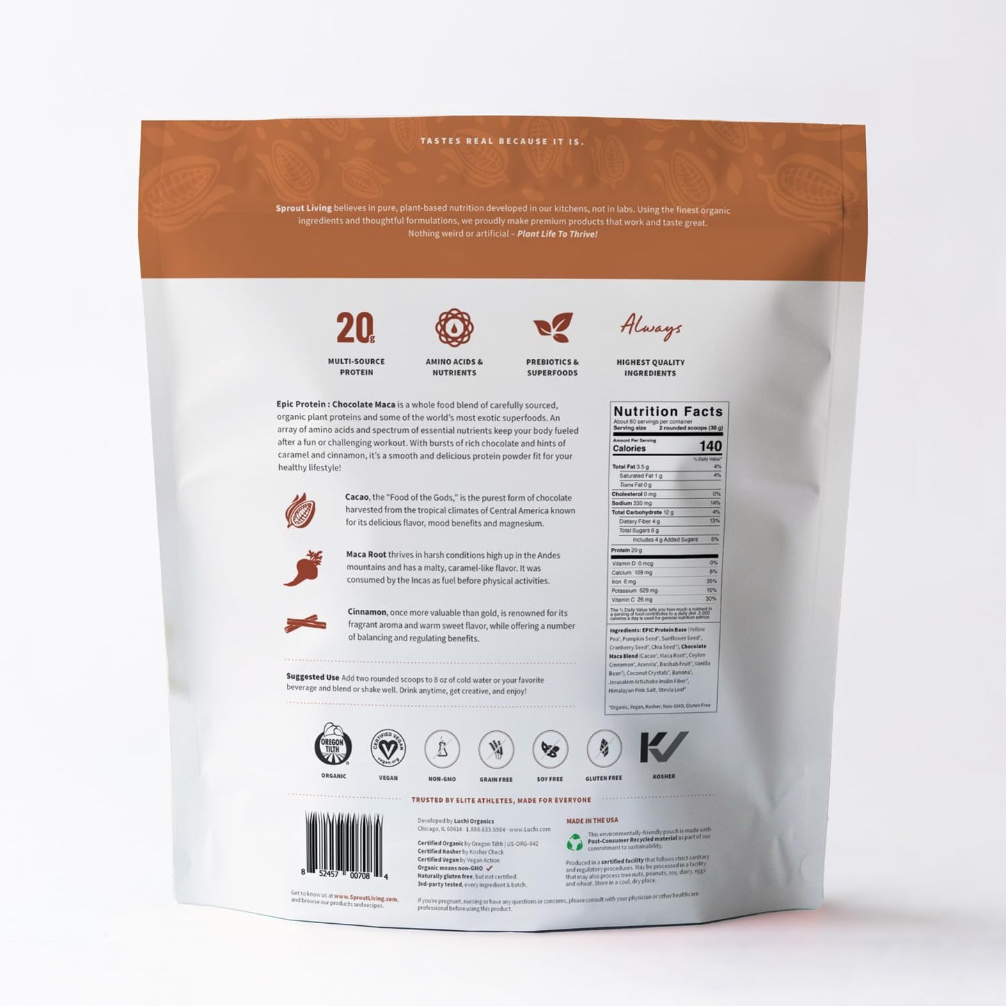 Sprout Living Epic Protein Chocolate Maca Powder - 20g Organic Plant Based Protein & Superfoods Powder, Vegan, Non-GMO, Gluten Free - 5lb, 60 Servings
