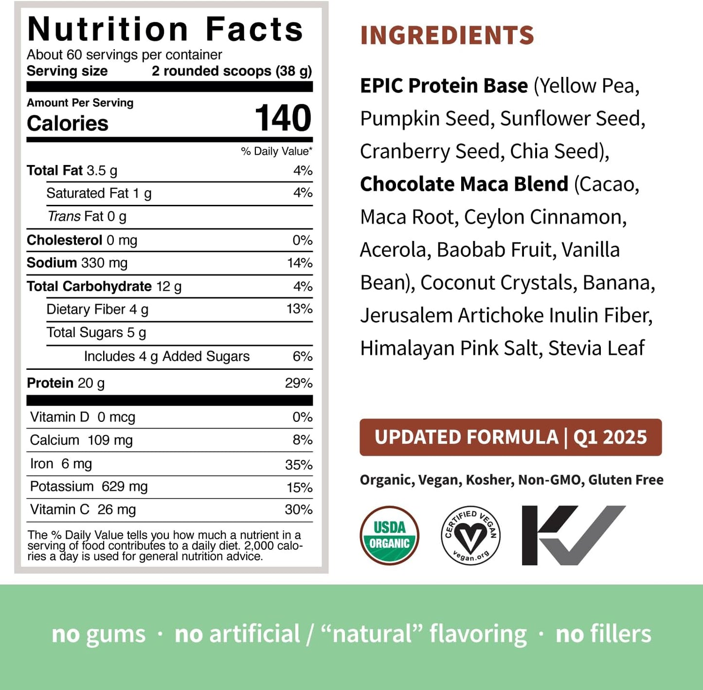 Sprout Living Epic Protein Chocolate Maca Powder - 20g Organic Plant Based Protein & Superfoods Powder, Vegan, Non-GMO, Gluten Free - 5lb, 60 Servings