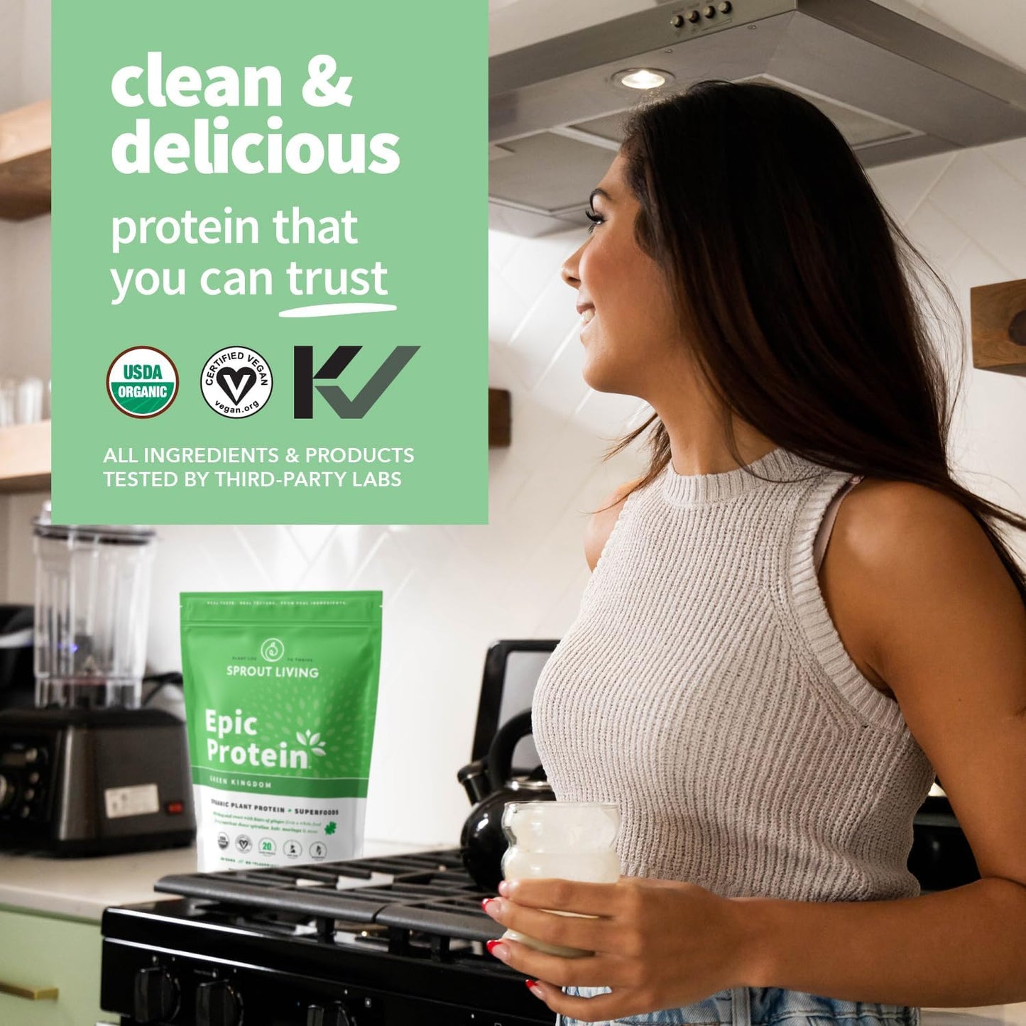 Sprout Living Epic Protein Green Kingdom - Organic Plant Based Protein Powder with Superfoods | 20g Protein, Vegan, Non-GMO, Gluten Free (1 lb, 12 Servings)