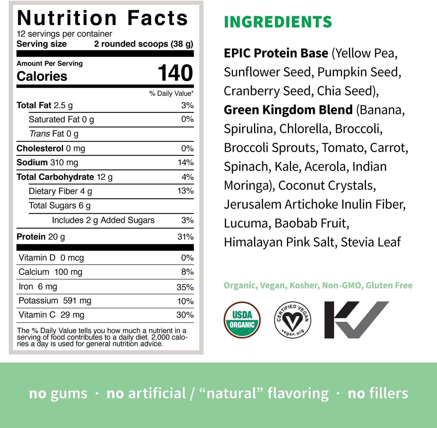 Sprout Living Epic Protein Green Kingdom - Organic Plant Based Protein Powder with Superfoods | 20g Protein, Vegan, Non-GMO, Gluten Free (1 lb, 12 Servings)