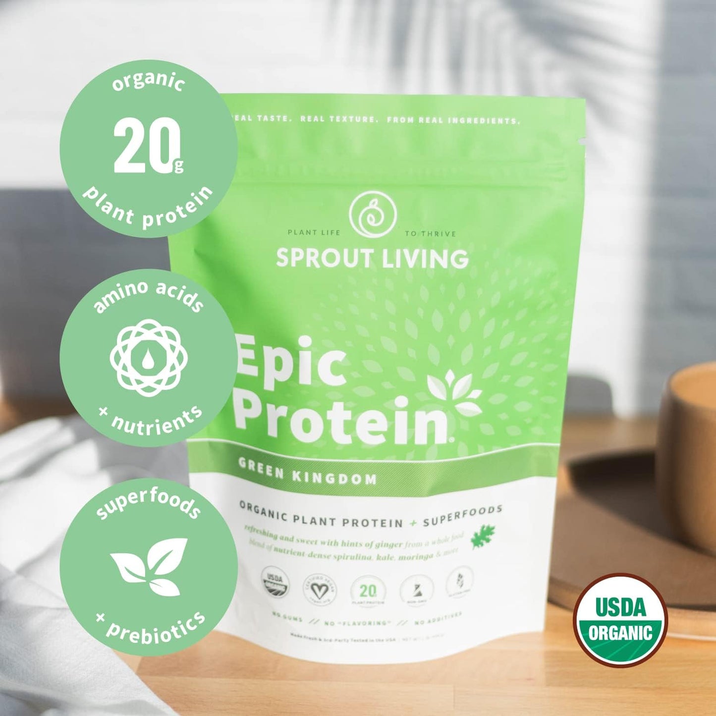 Sprout Living Epic Protein Green Kingdom - Organic Plant Based Protein Powder with Superfoods | 20g Protein, Vegan, Non-GMO, Gluten Free (1 lb, 12 Servings)