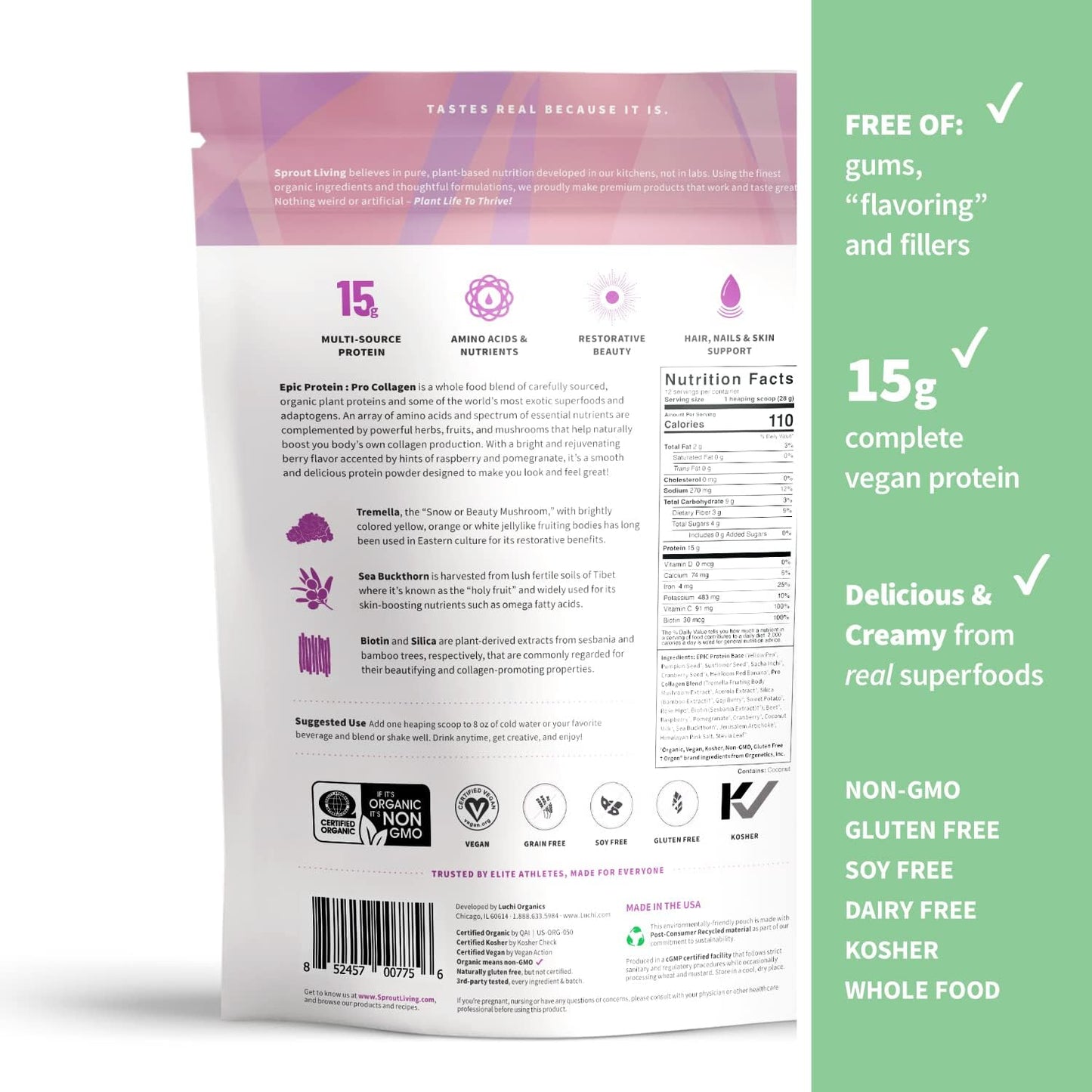 Sprout Living Epic Protein Pro with Collagen and Prebiotic Inulin - Plant-Based Protein Powder