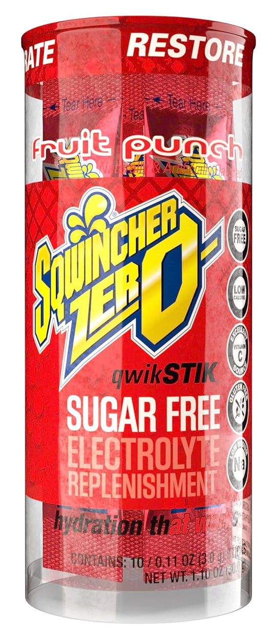 Sqwincher Zero Qwik Stik Fruit Punch Electrolyte Replacement Powder Drink Mix, Sugar Free, Low Calorie, Low Sodium - 200 Pack