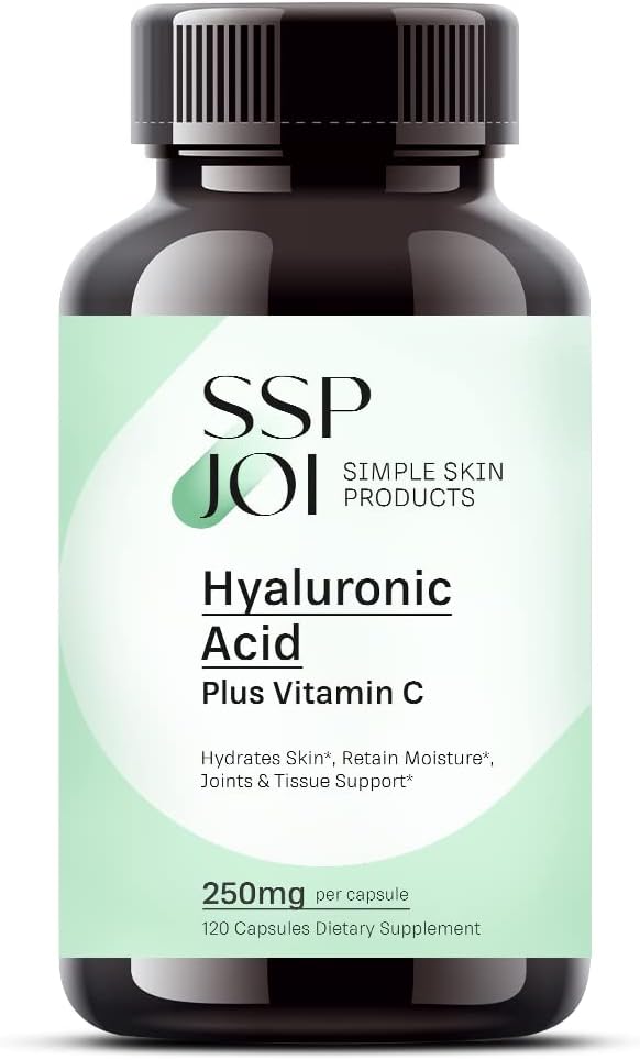 sspjoi Hyaluronic Acid 250mg with 50mg Vitamin C per Capsule - 120 Veggie Capsules - Supports Skin Hydration, Youthful Skin, Joints Lubrication